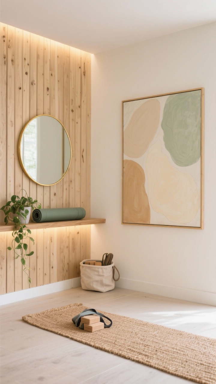 Medium shot from a corner angle of a serene yoga/Pilates studio: a main wall clad in vertical light oak slats with a soft hidden LED backglow. Adjacent wall displays a large neutral-toned abstract canvas in beiges, pale sage, and warm cream. A slim floating oak shelf holds a trailing plant and rolled yoga mats. A round wall mirror with a thin brass frame reflects the room. On the floor, a woven jute rug layered under a cork yoga mat, with a small linen basket for blocks and straps. Soft, airy daylight with warm brass accents, photorealistic, no people.
