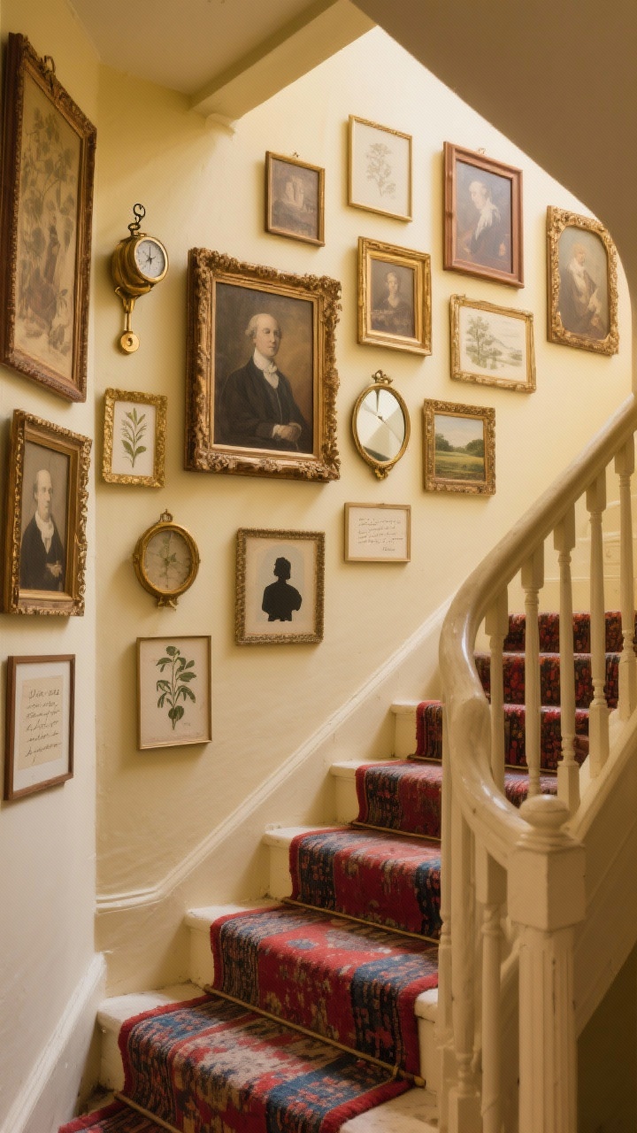 Medium shot from a corner angle of a “Vintage Eclectic Storyline” staircase: warm buttery cream wall with a collected mix of ornate gold and walnut frames holding thrifted oil paintings, sepia portraits, botanical prints, tiny landscapes, silhouette portraits, and a handwritten letter; an antique brass barometer and a small oval mirror break up the rectangles; a central hero oil painting at landing eye level with smaller pieces cascading around it; vintage runner on the stairs in worn reds and blues; patina visible on frames; cozy, nostalgic lighting with soft ambient warmth; no people, photorealistic.
