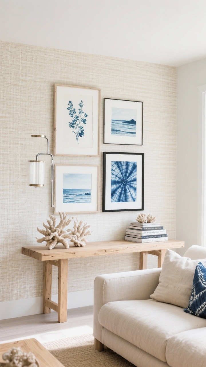 Medium shot from a slight corner angle: A modern coastal den featuring a bleached oak console against pale sand grasscloth wallpaper and a low oatmeal linen sectional nearby. A mixed-finish gallery above the console blends whitewashed wood, brushed nickel, and matte black frames, each finish repeated at least twice. Art includes botanical cyanotypes, soft sea landscapes, and one framed indigo shibori textile. Style the console with coral sculptures and a stack of coastal photography books. Bright, airy seaside light, textures emphasized, photorealistic.