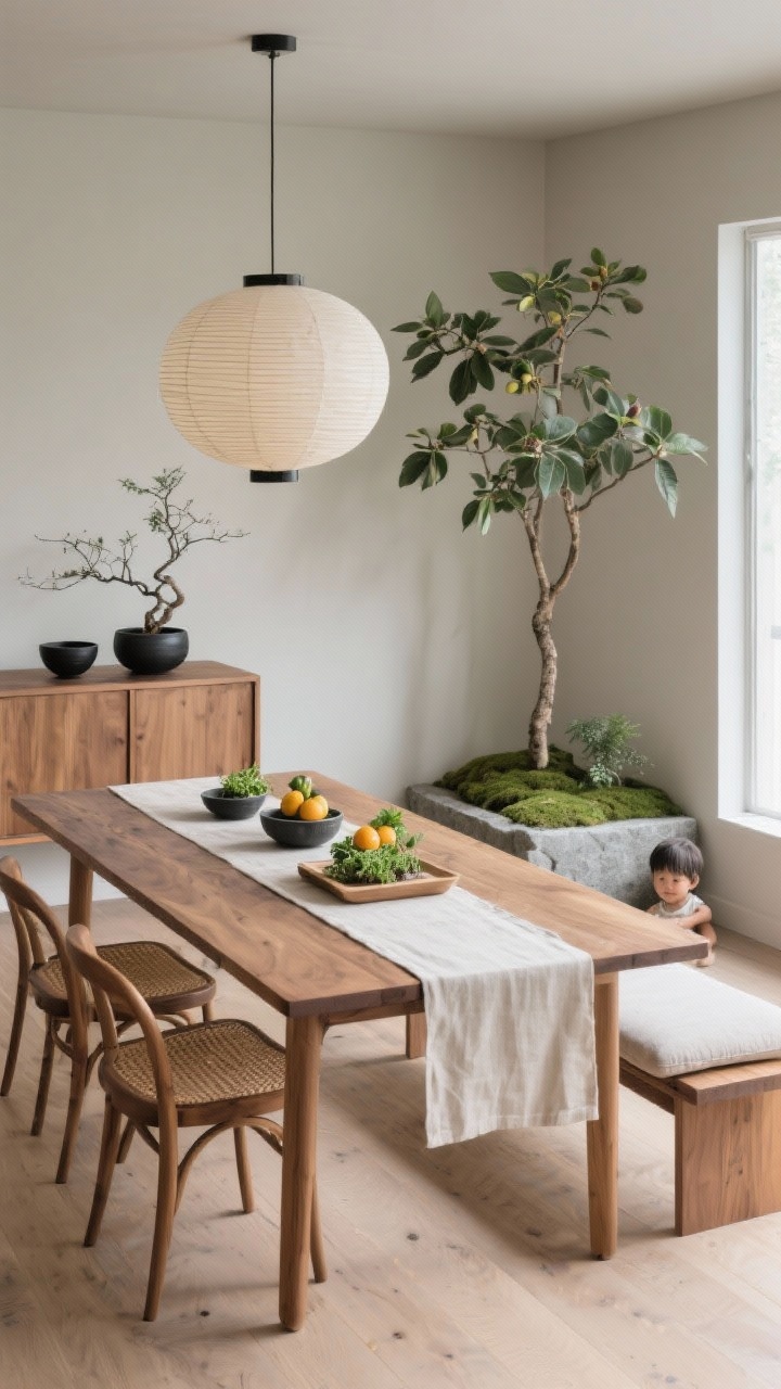Medium shot, Japandi dining room: calm, minimalist space with soft greige walls, pale oak floors, and a solid elm dining table under sculptural paper lanterns. A tall fig or loquat tree anchoring the corner, low stone trays of shiso, microgreens, and moss creating zen orchard layers. Shallow maple sideboard displaying black clay bowls and ikebana-inspired branches; linen runner with a trio of bonsai citrus (yuzu) as centerpiece. Curved wood chairs with woven seats, narrow console, floor cushion bench for kids. Palette of greige, charcoal, natural wood, muted olive. Gentle diffused daylight, side-angle composition, photorealistic.