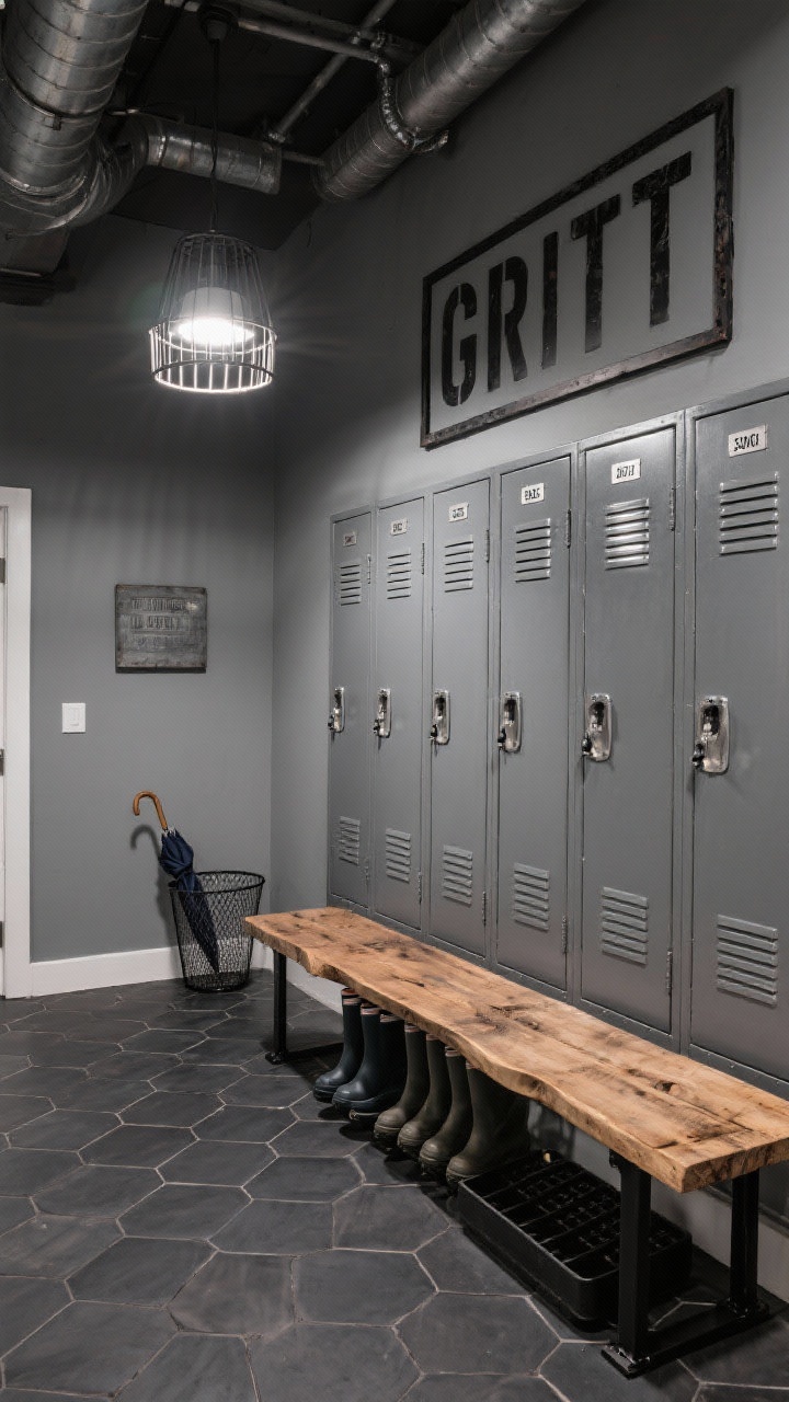 Medium shot, low angle: Industrial locker room chic mudroom with graphite-painted walls and a row of powder-coated metal lockers with vents and nameplates, one per person. A chunky reclaimed wood slab bench on black steel brackets. Charcoal hex tile floor with dark grout. Overhead factory-style cage pendant casting a focused glow. A wire mesh umbrella bin and rubber boot tray organized beneath. Add a bold vintage-inspired sign for grit and personality. Gritty-cool, functional, family-proof.