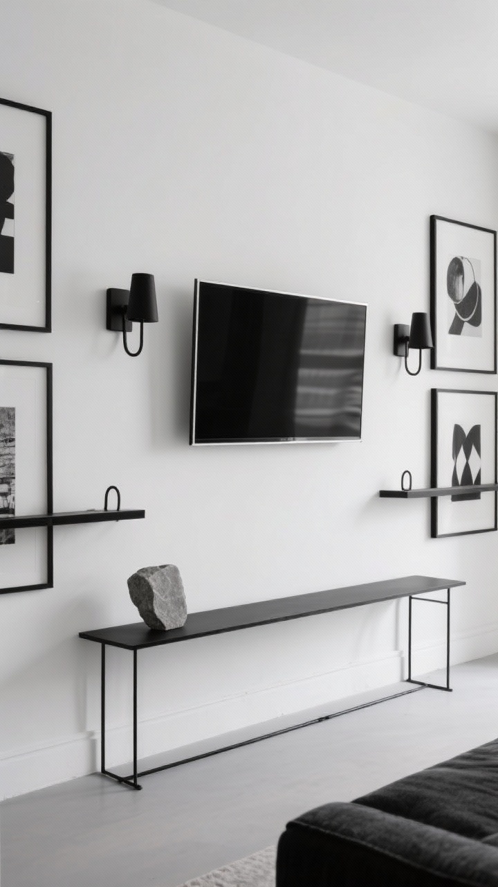 Medium shot monochrome minimalist wall: matte plaster white wall with the TV encased by a thin black frame to integrate seamlessly; surrounding black frames with high-contrast abstract art and monochrome photography; matching black sconces and black iron shelves with a single stone sculpture; blackened steel console below; stark black-and-white palette with soft gray tones; crisp, even daylight for gallery-level polish, straight-on.