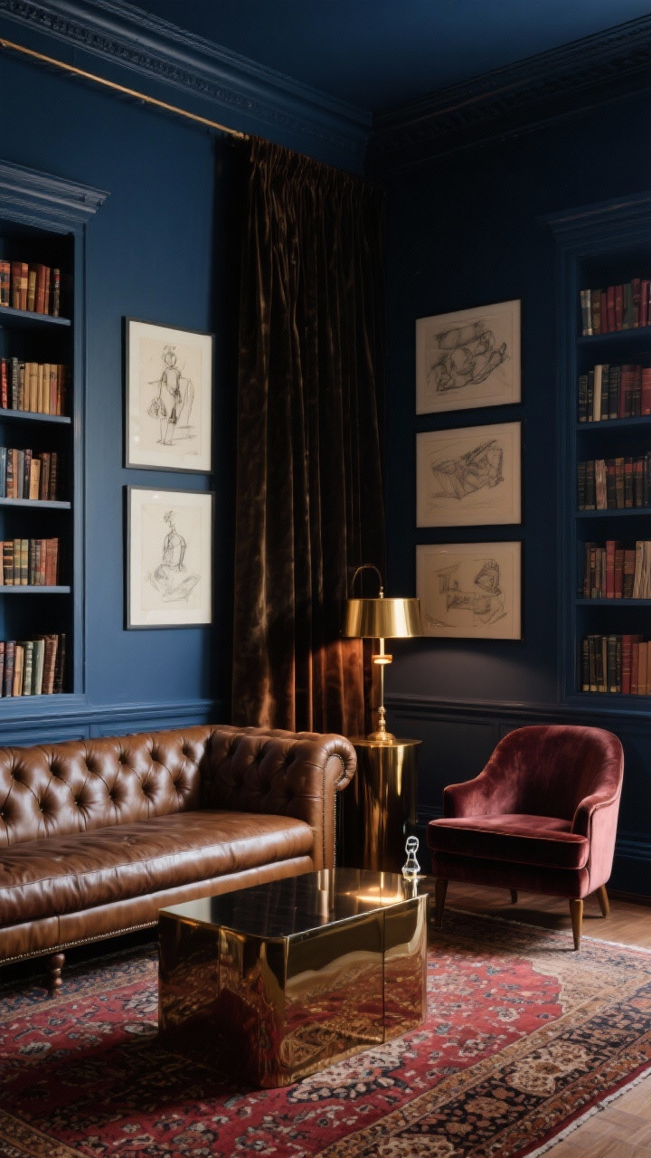 Medium shot, Moody Library Lounge: Photorealistic lounge with deep inky blue smooth walls and built-in bookcases flanking a tufted leather chesterfield sofa; a Persian rug in oxblood and tobacco tones, a velvet accent chair, brass pharmacy lamps providing warm pools of light, and a lacquered side table reflecting highlights; gallery wall of vintage sketches and heavy velvet drapes; atmosphere rich, dramatic, and intimate.