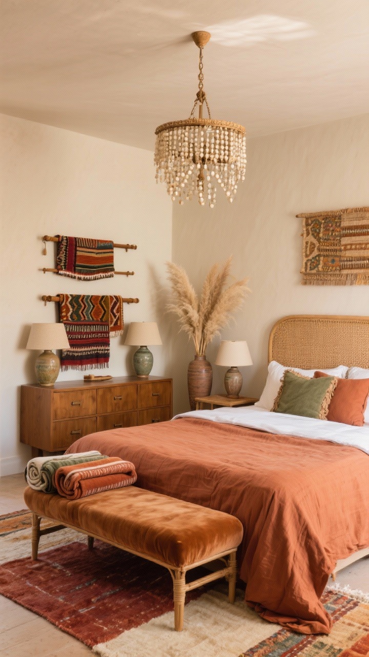 Medium shot of a boho bedroom, angled from the foot of the bed: cane headboard, terracotta linen duvet, layered rugs in rust and cream; low velvet bench at the foot hosting neatly rolled throws; above the dresser, a trio of decorative blanket rods displaying color-rich patterned throws like wall art; beaded chandelier overhead, ceramic table lamps on nightstands, pampas grass in a tall vase; palette of terracotta, clay, olive, cream; warm, cozy lighting.