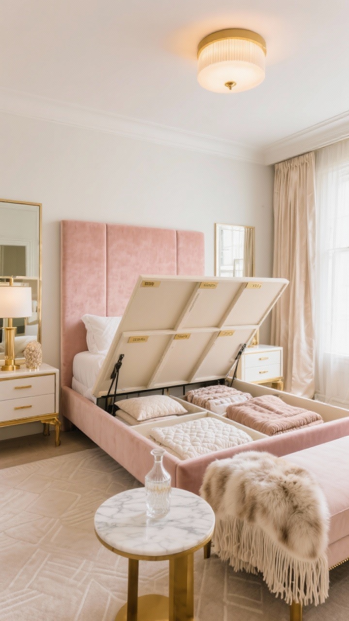 Medium shot of a glam guest suite, straight-on: blush velvet headboard, mirrored nightstands, soft gold flush-mount ceiling light casting warm glow; lift-up storage bed shown partially raised to reveal segmented inserts with neatly folded quilts, blankets, extra pillows labeled; chaise by the window with a perfectly draped fringed throw; marble-topped side table with a carafe and glass; accents include faux-fur throw, boucle pillow, silk curtains lightly puddling; colors of blush, ivory, champagne, soft gold.