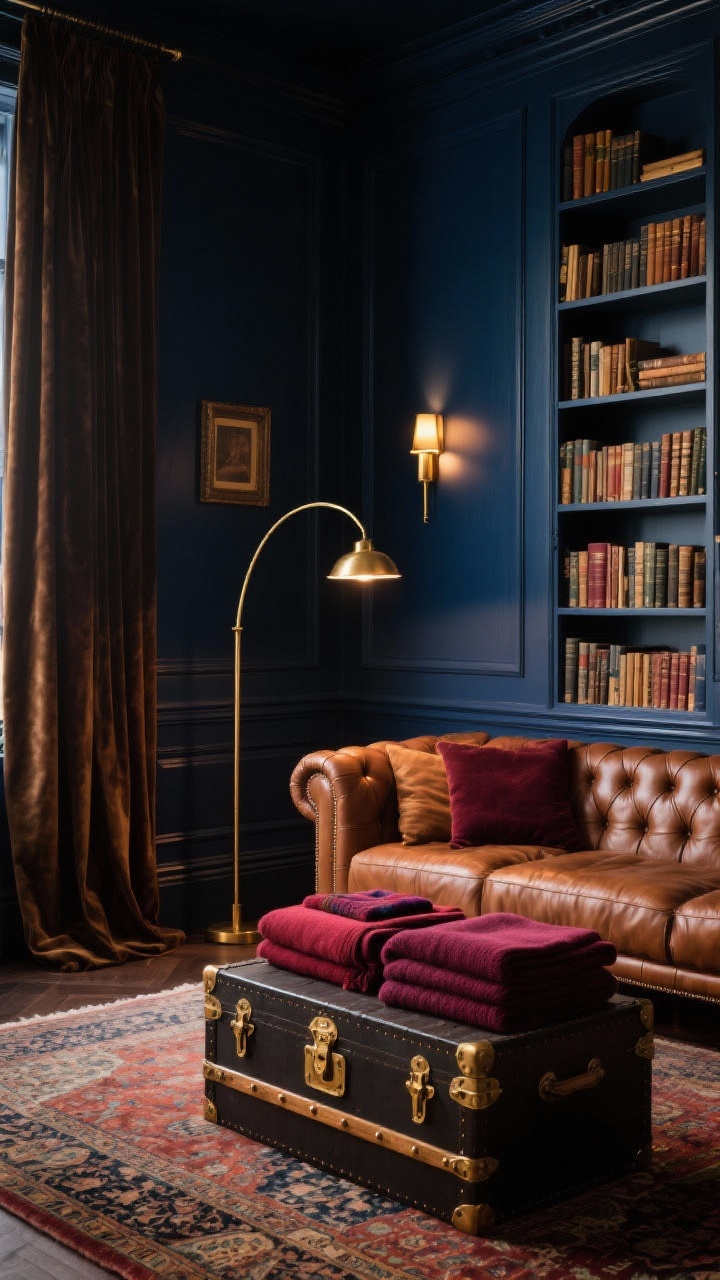 Medium shot of a moody library from a corner angle: deep navy (ink blue) paneled walls with brass picture lights over built-in shelves of vintage hardcovers; tufted saddle-brown leather sofa facing a steamer trunk coffee table with antique brass hardware; trunk lid open to reveal folded jewel-toned wool blankets (burgundy, rich hues) with dividers; Persian rug underfoot, arc floor lamp arcing over the scene, velvet drapes pooling slightly on the floor; warm, low ambient lighting with brass gleam.