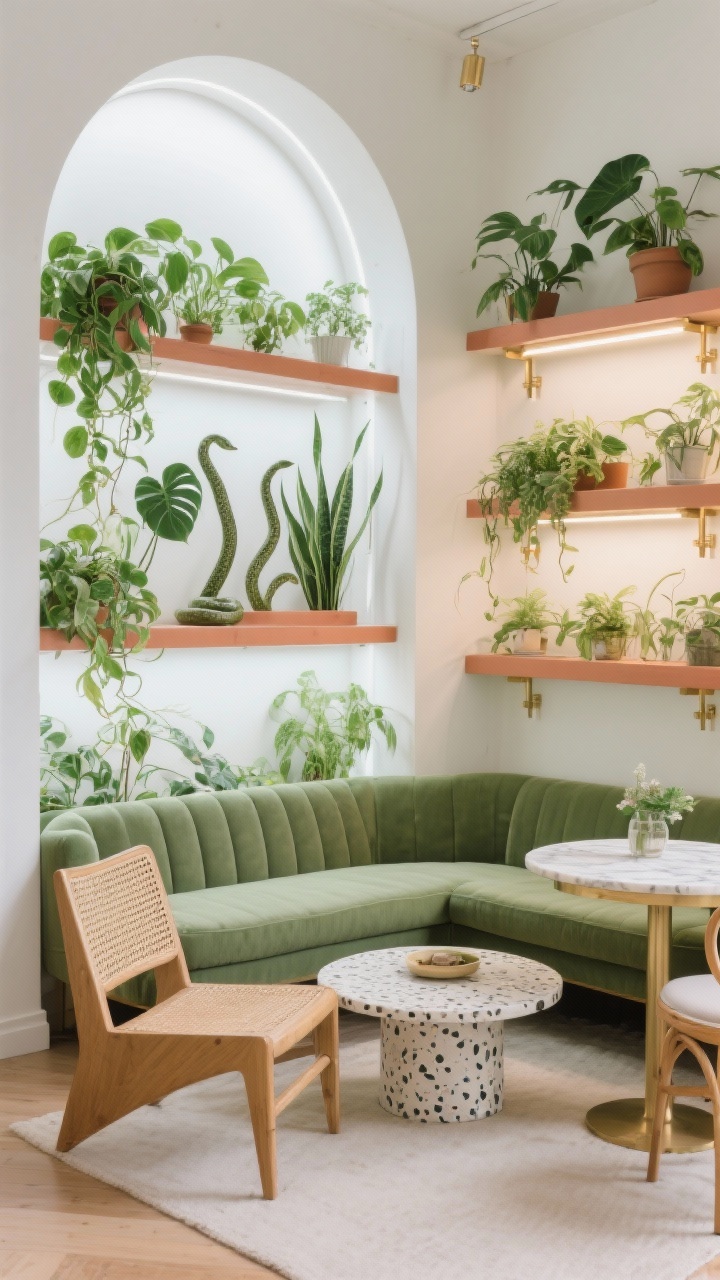 Medium shot of an airy arched plant partition: slim white arches with tiered shelves holding cascading pothos, trailing philodendrons, and upright snake plants. Lounge side: sage green loveseat, rattan side chair, terrazzo-style coffee table. Dining side: petite bistro set with a round marble top. Palette: sage, terracotta, cream, touches of brass. Subtle clip-on grow lights tucked under shelves illuminating foliage, fresh greenhouse feel, photorealistic.