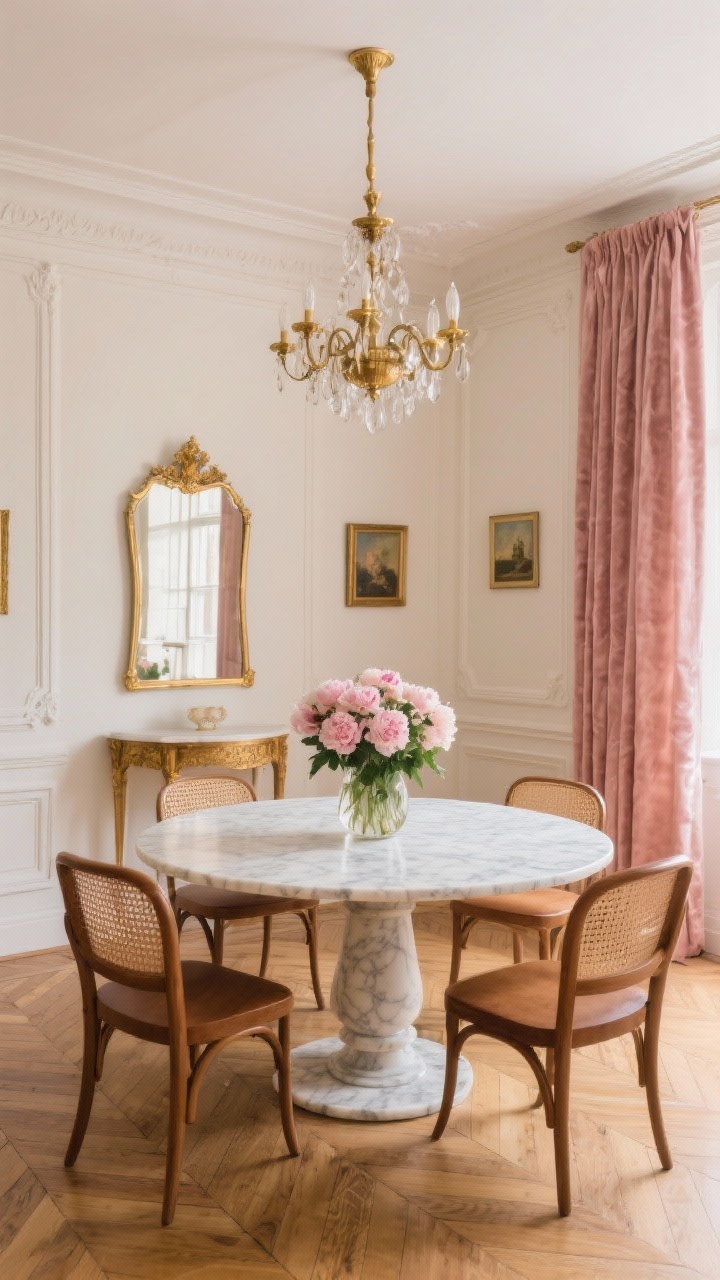 Medium shot, Parisian Apartment Dining Room: Photorealistic dining space with soft eggshell-painted smooth walls featuring simple picture-frame molding, a round marble pedestal table, cane-back dining chairs in warm walnut, a brass chandelier centered over the table, velvet drapes in blush tones, herringbone wood flooring, a gilded mirror above a small console, small oil paintings on the molded wall, and a vase of fresh peonies; warm, romantic lighting with subtle contrast of cream, warm white, blush, and antique brass.
