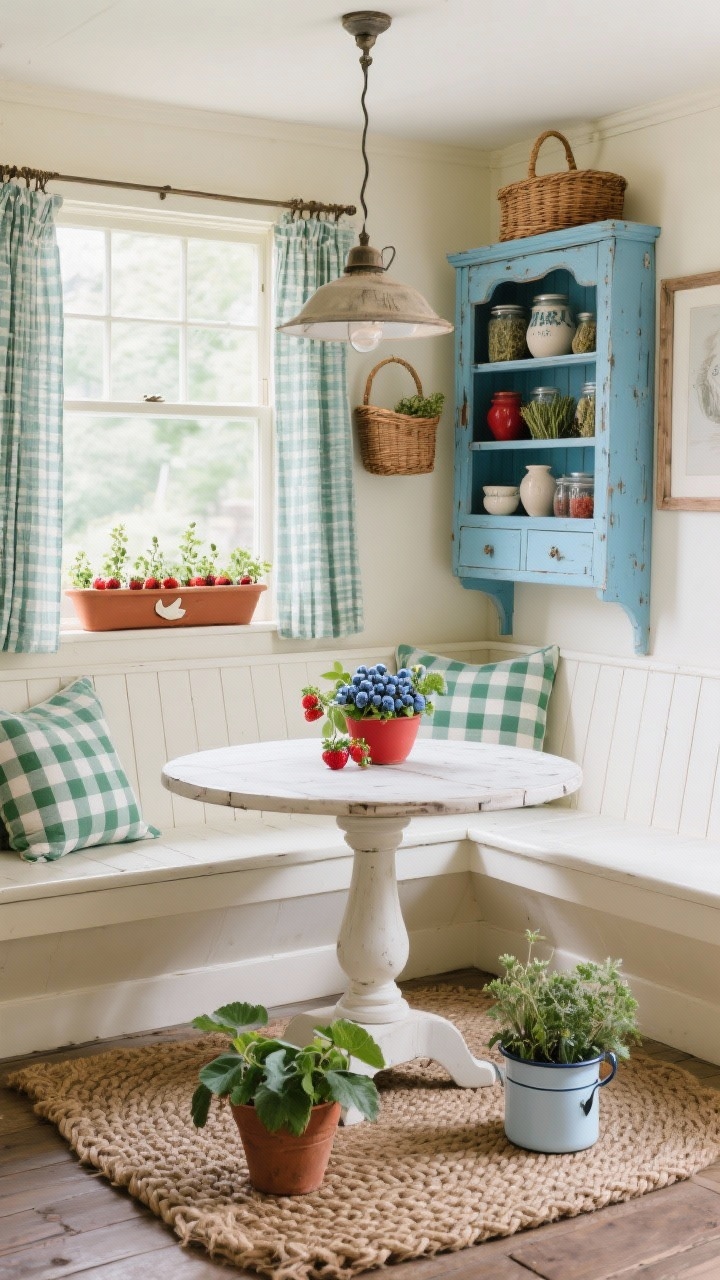 Medium shot, rustic farmhouse breakfast nook: built-in beadboard bench in warm white with gingham cushions hugging a round pedestal table under a schoolhouse pendant. Window ledge with a mini hedgerow of dwarf blueberries and alpine strawberries in long terracotta troughs; hanging gooseberry baskets nearby. Weathered blue vintage hutch stocked with pottery and wicker; jars of dried herbs on an open shelf. Palette of buttermilk, robin’s-egg blue, cherry red accents, leafy green. Checkerboard cotton curtains, braided jute rug, enamelware planters. Cozy morning light, straight-on view, photorealistic.