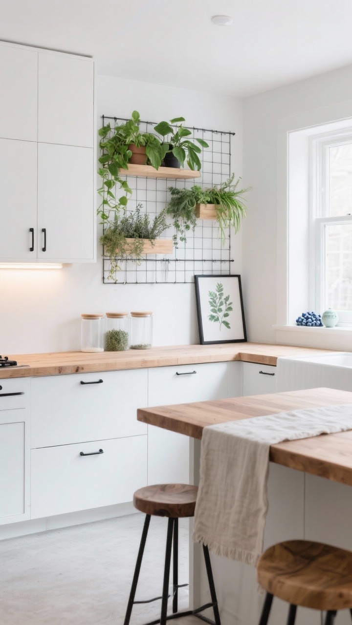 Medium shot, Scandinavian kitchen: bright, airy space with white oak cabinetry, matte white fronts, slim black hardware, pale concrete floor, and a long butcher-block island. Steel wall grid with hanging planters of thyme, oregano, and chives; top shelf with trailing pothos and philodendron; windowsill with compact blueberries in pale stoneware. Hidden grow lights creating soft, even illumination that preserves a minimalist look. Backless oak stools, integrated bench nook with ash-wood table. Frosted glass canisters, linen runners, black-framed botanical prints. Color story of chalk white, pale oak, and charcoal matte metal. Straight-on view, clean composition, photorealistic.