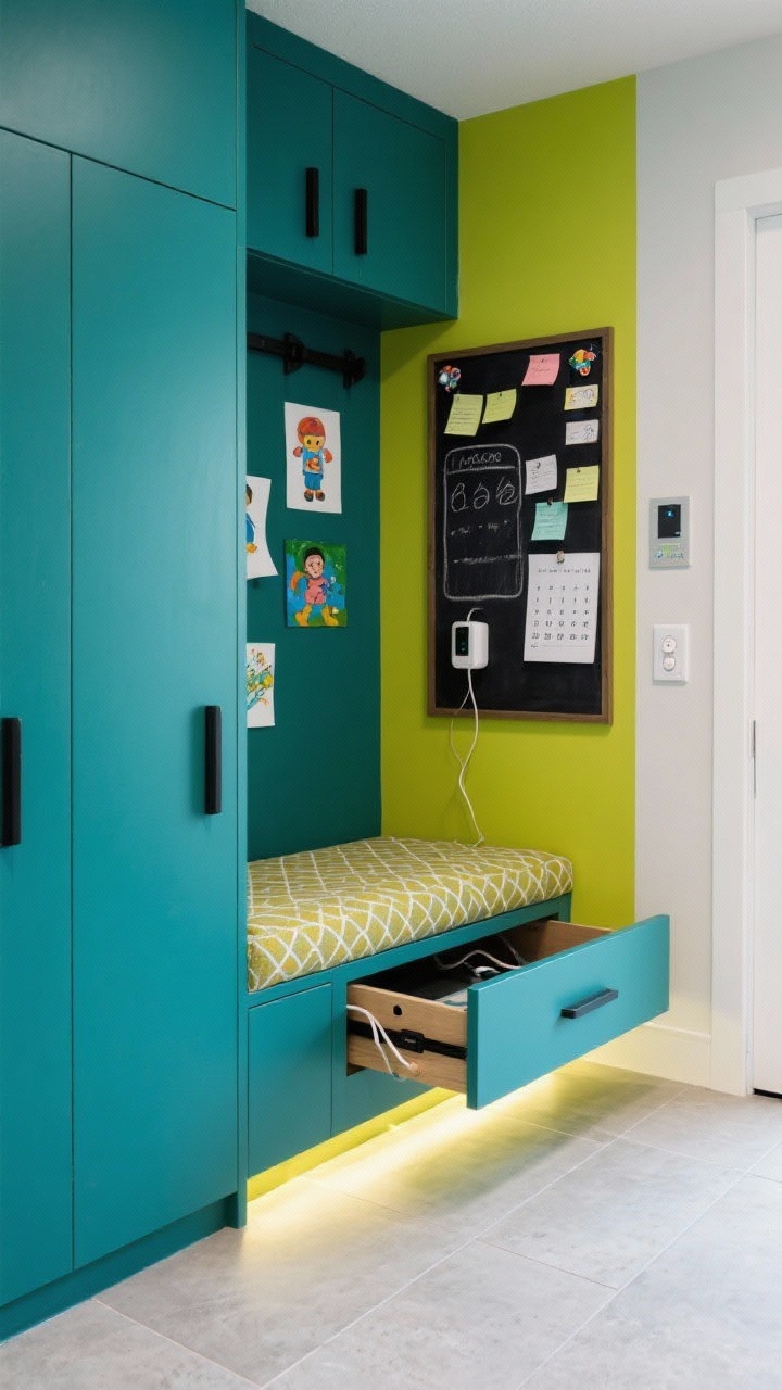 Medium shot, side angle: Color-pop contemporary mudroom with built-ins painted deep teal (or citrine green) paired with flat black pulls. An upholstered bench cushion in wipeable performance fabric with a small geometric pattern. A large magnetic chalkboard panel on one wall showing notes and a calendar, plus kids’ art held by magnets. A charging drawer slightly open with cord cutouts visible, a smart light switch on the wall, and motion-sensor LED toe-kicks glowing under the bench. Large-format light concrete-look porcelain floor tiles. Energetic, tech-forward mood.