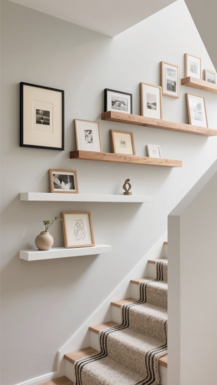 Medium shot, straight-on, of a “Minimal Shelf-Ledge Gallery”: staggered picture ledges following the stair angle, in oak and white finishes; layered frames in black and natural wood with creamy mats holding a mix of photography, sketches, and tiny canvases; accessories on ledges include a small ceramic bud vase and a mini abstract sculpture; wall in whisper-soft greige; a neutral wool runner with a subtle stripe on the stairs; soft, even lighting accentuating a calm, minimalist yet curated vibe; no people, photorealistic.