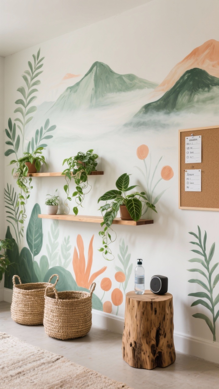 Medium shot, straight-on of a nature-forward feature wall: a hand-painted mural with misty mountains and abstract botanicals in soft greens and terracotta tones. Two long floating shelves hold trailing plants like pothos and philodendron. Adjacent wall includes a simple cork board strip with pinned routines and habit trackers. Woven storage baskets on the floor and a natural wood-stump side table holding a water bottle and small speaker. Palette sage, olive, terracotta, natural wood. Soft daylight, organic textures, photorealistic, no people.