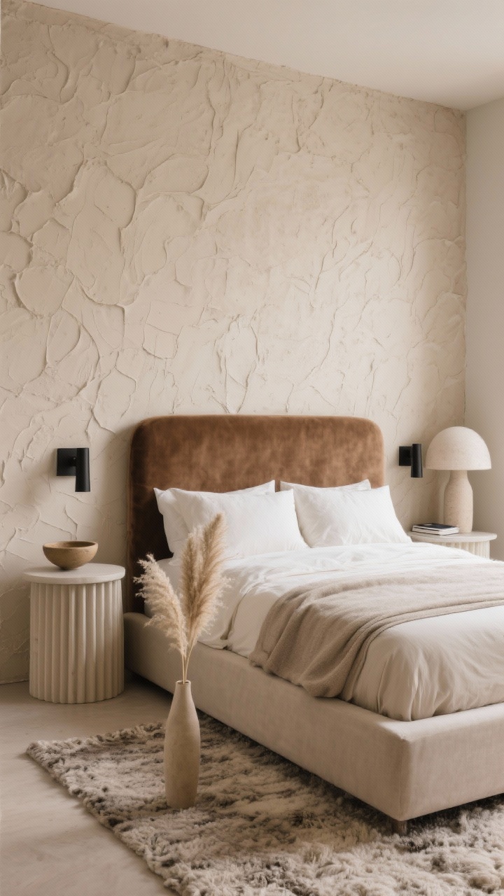 Medium, straight-on bedroom view: Walls wrapped in faux plaster textured wallpaper in soft warm greige with hand-troweled organic movement; a low-profile platform bed with mocha velvet headboard, tonal cream and greige bedding, fluted nightstands kept minimal—one ceramic bowl on one side and a single book on the other—matte black sconces, plaster-look dome lamp, textured wool rug underfoot, a single pampas stem in a slim vase; quiet luxury mood with soft, diffuse ambient lighting.