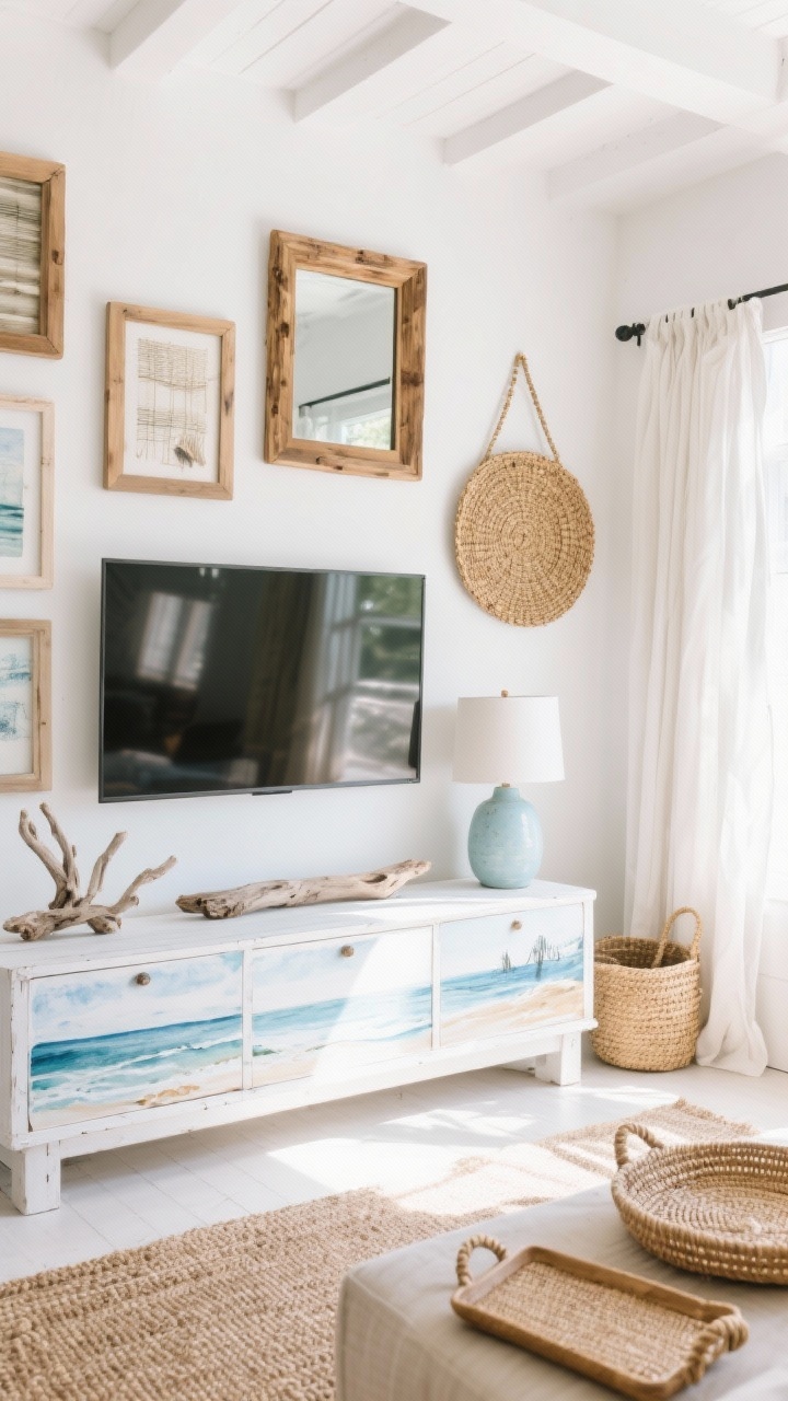 Medium-wide coastal collected wall: soft white walls with a TV centered, surrounded by mixed natural wood frames, a hanging rattan mirror, and a small seagrass basket styled as art; a whitewashed console below topped with watercolor seascapes, driftwood, and a pale blue ceramic lamp; jute rug underfoot, linen curtains catching daylight; woven trays and a rope-framed accent piece included; bright, sunlit mood, slight corner angle for depth.