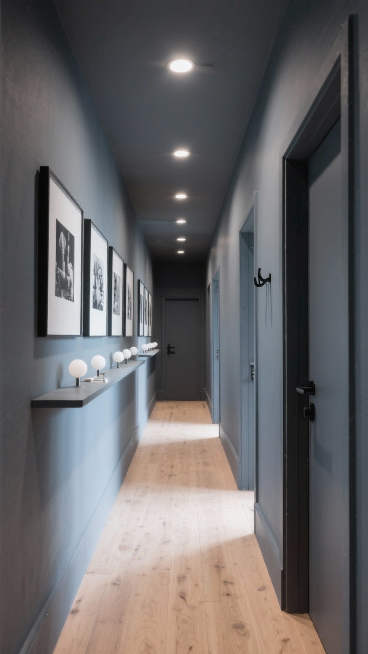 Medium-wide corridor shot: charcoal gray hallway with walls and ceiling painted the same soft warm charcoal (no blue undertone) for a cocoon effect, pale oak runner down the center, gallery wall of white frames containing large black-and-white photography, slim floating shelf beneath frames holding minimal objects, row of small globe flush-mount ceiling lights creating rhythmic pools of light, matte black door handles and simple linear hooks on doors. Photorealistic, long lens down-the-hall perspective to elongate the space, clutter-free floor.