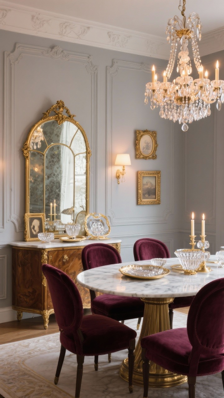 Medium-wide dining room, Parisian glam style: soft mushroom gray walls with delicate panel molding; an oversized antique-style gilded mirror with arched top and foxed glass leaned on a sideboard; oval marble-topped dining table under a crystal chandelier; velvet dining chairs in deep merlot; taper candles, gilded frames, layered trays with cut crystal on the sideboard; palette of mushroom, merlot, antique gold, warm white; mirror reflecting the chandelier to double sparkle; warm evening lighting with chandelier glow, luxurious mood, photorealistic, no people.