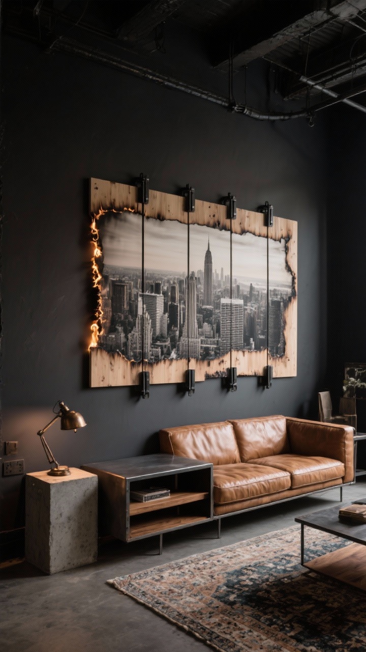 Medium-wide industrial den with drama: deep charcoal walls, camel leather sofa, metal-and-wood media console. Focal point: oversized city skyline photo transfer on joined birch panels with visible seams and subtly charred torch-burned edges, mounted on black steel brackets floating slightly off the wall. Add a concrete side table, vintage task lamp, and a faded Persian rug. Tight color story in graphite, tobacco, and bronze; low, moody lighting with directional highlights on the artwork’s texture; photorealistic, no people.