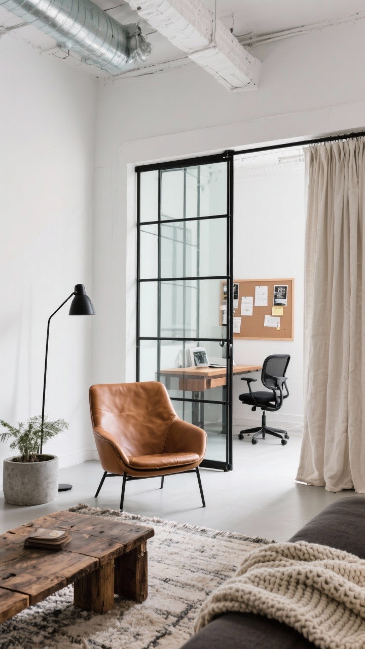 Medium-wide loft-style room with a black metal grid glass partition separating a compact office from a lounge. Warm white walls, clear tempered glass panes. Lounge: cognac leather chair, black floor lamp, low reclaimed-wood coffee table on a soft rug to reduce echo. Office behind glass: compact desk with walnut top, matte-black chair, pinboard with notes and inspo. Add linen curtains pulled aside, concrete planter, chunky knit throw. Bright, airy lighting with slight industrial edge, photorealistic.