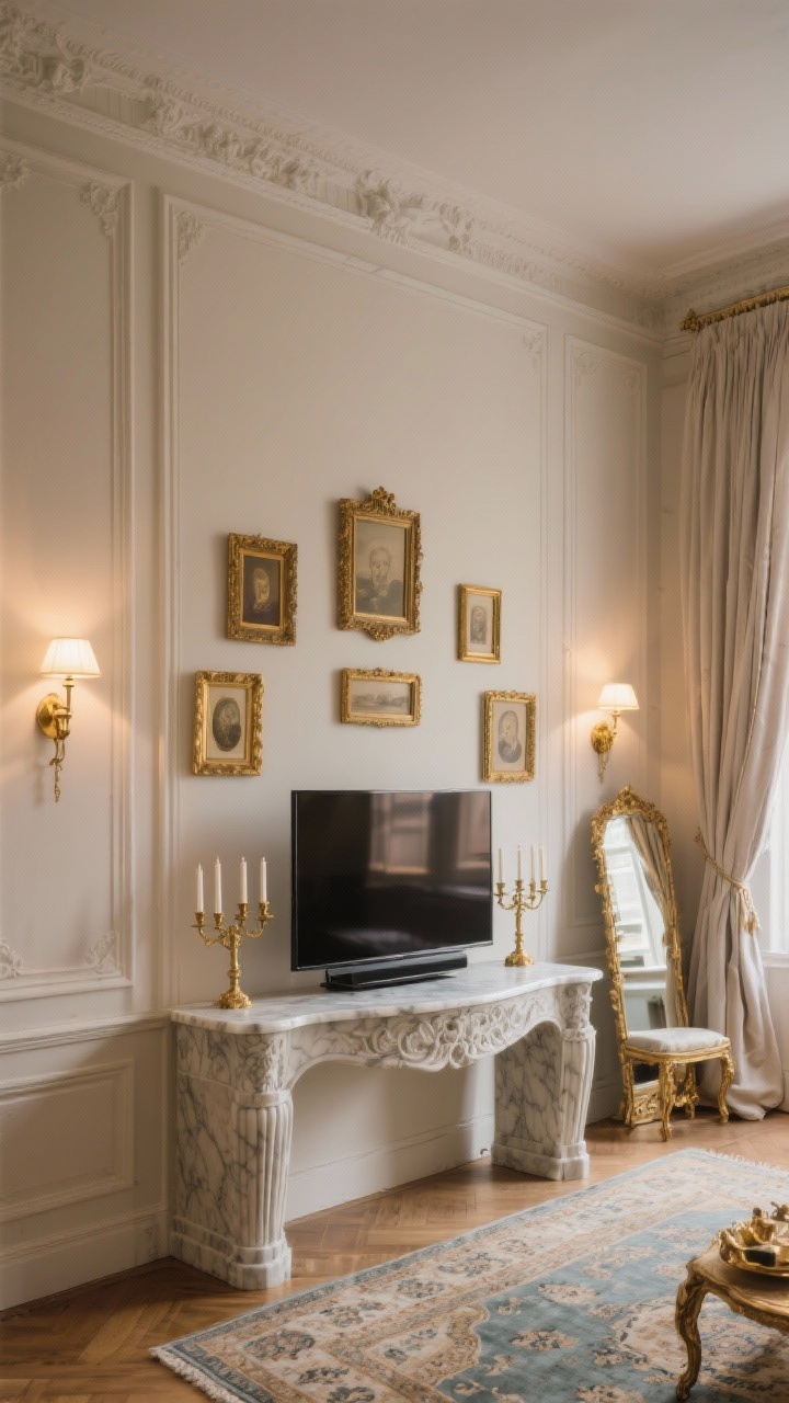 Medium-wide Parisian apartment vibe: creamy greige wall with simple wall mouldings framing the TV zone; salon-style arrangement of gilded frames around the TV, each topped with delicate antique brass picture lights casting warm focused beams; marble-topped console below with fluted candlesticks; a carved mirror offset from the TV; faded Persian rug and linen drapes adding romance; antique gold accents, soft evening glow, slight corner angle.