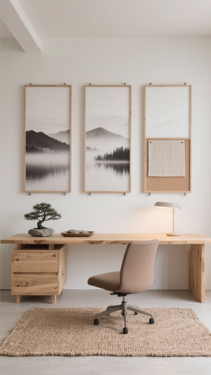 Minimal, medium-wide Japandi office: pale oak slab desk, taupe low-backed ergonomic chair, woven sisal rug. On the wall, three thin basswood panels with beveled edges, clear matte finish, floating on slim standoffs; monochrome landscape transfers (misty mountains, foggy lakes) with low saturation. Accessories: stone tray, single bonsai, linen pinboard framed to match wood tone. Warm LED task lamp grazing the panels to reveal grain; calm palette of ivory, mushroom, and blonde wood; tranquil, photorealistic.