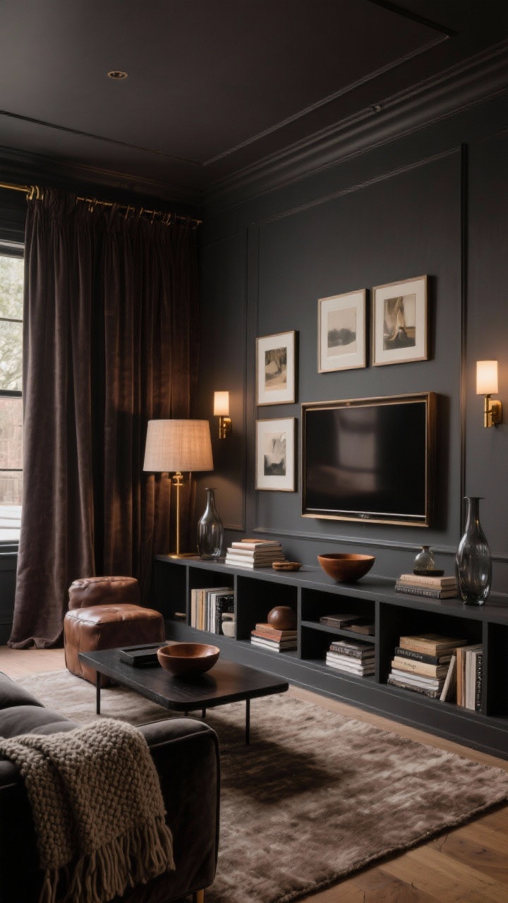 Moody lounge wide shot: room fully wrapped—walls, trim, and ceiling—in charcoal-cocoa (deep brown-gray with chocolate undertones); deep slate velvet sectional, low blackened wood coffee table; built-in shelving painted to match, styled with walnut bowls, smoke glass vases, stacks of linen-covered books; Frame TV blended into a salon wall of art; wool rug in taupe, knitted throw, leather ottoman; dimmable wall sconces, picture lights, and a linen drum shade casting warm pools of light; heavy drapes pooling on the floor with subtle brass hardware; boutique screening room vibe, photorealistic.