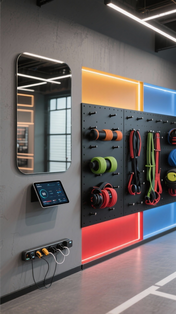 Overhead detail-meets-medium hybrid shot focusing on a tech-driven performance wall: graphite gray walls with a modular LED strip system outlining distinct zones in amber (warm-up), red (power), and blue (cooldown). A large smart display/tablet hub mounted at eye level shows workout metrics. Nearby, a matte black pegboard organizes bands and mobility tools with clean pegs. A frameless performance mirror reflects the LED colors, and a slim wall-mounted charging rail docks wearables. Cool, futuristic lighting, crisp, photorealistic, no people.