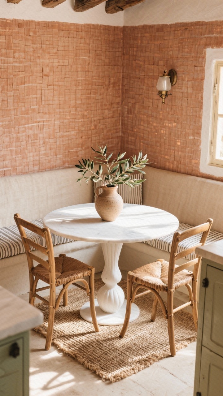 Overhead detail of a Mediterranean kitchen nook: Terra-cotta linen-look wallpaper softly lit, its woven texture visible behind a white tulip pedestal table; woven wishbone chairs, a striped bench cushion at the banquette edge; olive branches in a hand-thrown ceramic jug as centerpiece; sisal runner underfoot, rustic wall sconce just in frame; warm, sun-washed mood in natural morning light.