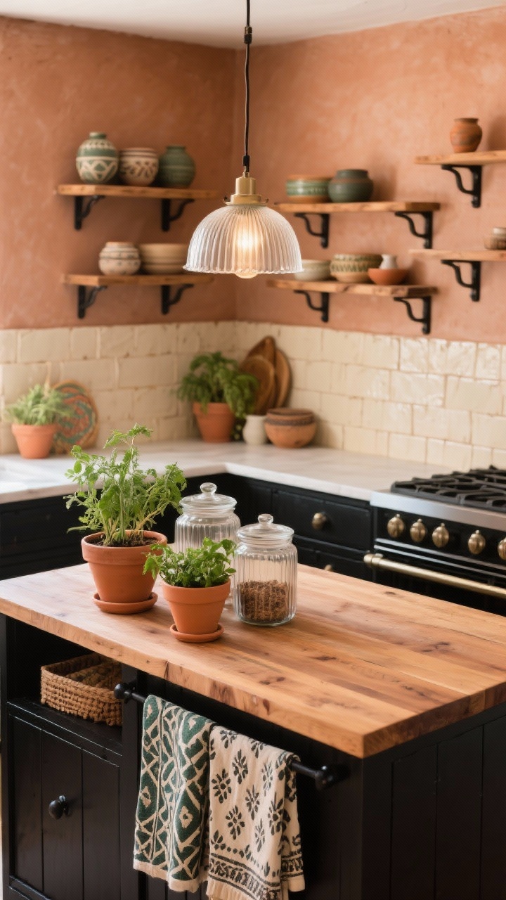 Overhead detail shot, Terra-Cotta Boho Kitchen: Photorealistic top-down view of a butcher-block island styled with terracotta planters containing herbs, clear pantry jars, and patterned tea towels; background shows clay-toned smooth walls, matte black hardware, open wood shelves with ceramics, and a soft cream handmade tile backsplash; fluted glass pendant light casting gentle glow; palette of terra-cotta, cream, black, and olive, earthy and eclectic.