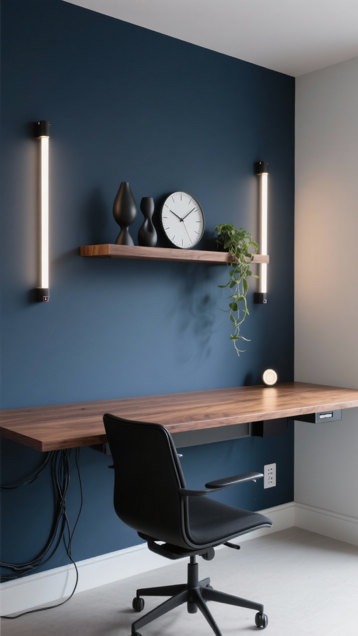 Photorealistic close to medium straight-on shot of a contemporary home office wall: walnut desk against a deep navy accent wall with a slim black task chair; floating shelf above the desk holding a minimalist clock, two sculptural objects, and a single trailing plant; on both sides of the shelf, USB-powered LED light bars attached with adhesive mounts providing even vertical illumination; cables routed neatly under the shelf to a hidden power strip, then down a corner seam in a paintable channel; palette deep navy, walnut, matte black, crisp white; lighting set to adjustable 3500–4000K for eye comfort with desk-level dimmer visible on the desktop; clean, high-tech ambience, no people.