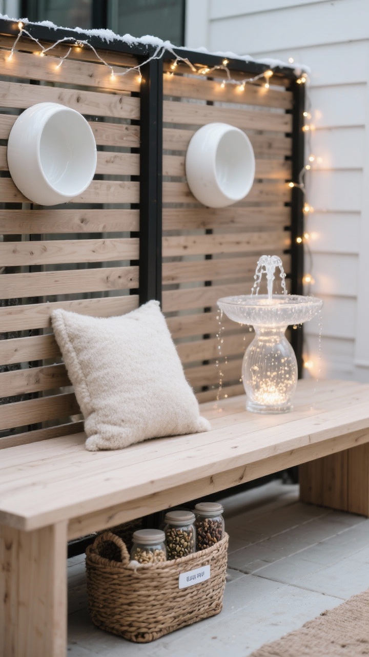 Photorealistic closeup/detail: a pale ashwood bench against a cedar screen with two white ceramic round feeders and a frosted-glass bubbler fountain softly glimmering; a wool-look neutral outdoor cushion, basket below with labeled seed jars; warm micro-LED string lights draped along the screen creating cozy winter glow; palette linen, ivory, ash, with matte black accents; textures smooth ceramic, natural wood, frosted glass; hygge, calm mood; no people.