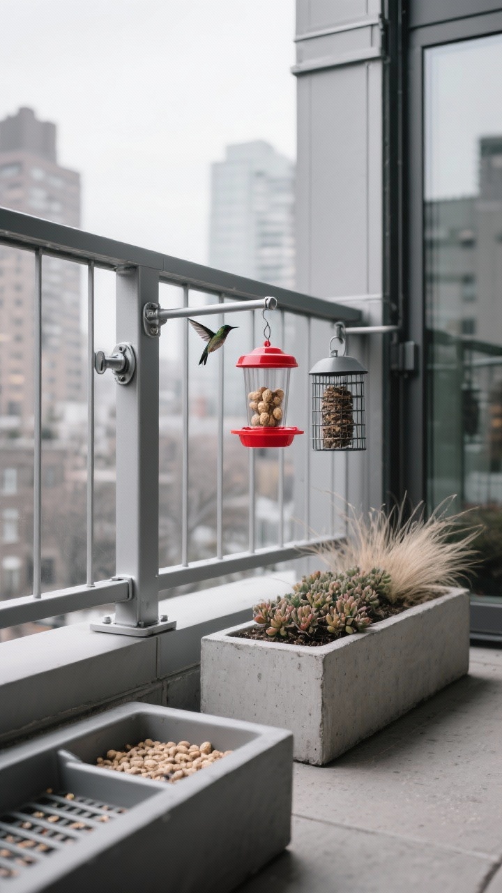 Photorealistic closeup/detail from an urban balcony railing: a powder-coated steel rail system mounted to a fence with adjustable arms holding a peanut feeder, nectar cup, and a suet cage; monochrome graphite and galvanized silver tones with one pop of bright red from a hummingbird feeder; built-in seed catch trays visible; a rectangular concrete planter nearby with sedum and feather grass; materials metal, concrete, tempered glass; sleek, industrial look, overcast city light; no people.