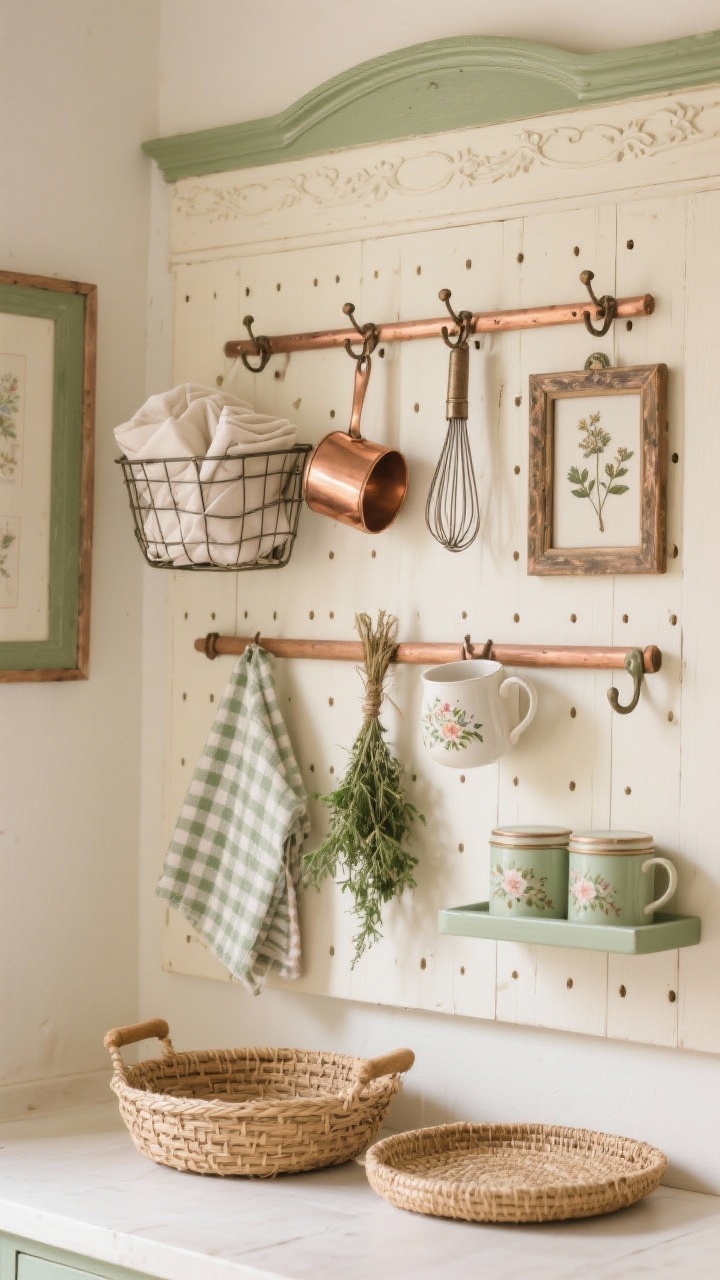 Photorealistic closeup detail of a cottagecore cream and copper pegboard: cream-painted wooden pegboard with decorative trim like a framed gallery, palette of cream, sage green, and copper. Copper measuring cups and vintage-style whisks hanging from hooks; wire baskets with folded linen napkins; shallow rack for tea tins; hooks with floral mugs. Woven seagrass trays, a gingham tea towel on a wooden dowel, a small herb bundle hung to dry, and a pressed flower frame. Soft, cozy lighting with gentle shadows, inviting Sunday baking mood, straight-on close crop emphasizing textures and warm patina.