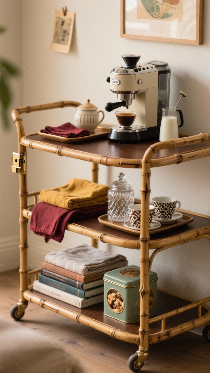 Photorealistic closeup/detail shot of a vintage bar cart turned coffee trolley: brass or bamboo frame with locking casters, styled top tier with a compact coffee machine, a vintage sugar bowl, and a milk frother organized on a slim tray to define zones. Lower shelf shows neatly stacked books, linens, and a retro tin for treats. Accents include a cut-crystal jar for sweeteners and patterned demitasse cups. A small clipped art piece is visible on the wall at the cart’s edge. Pop of color from burgundy or mustard linen napkins. Warm, intimate lighting, shallow depth of field from a side angle.