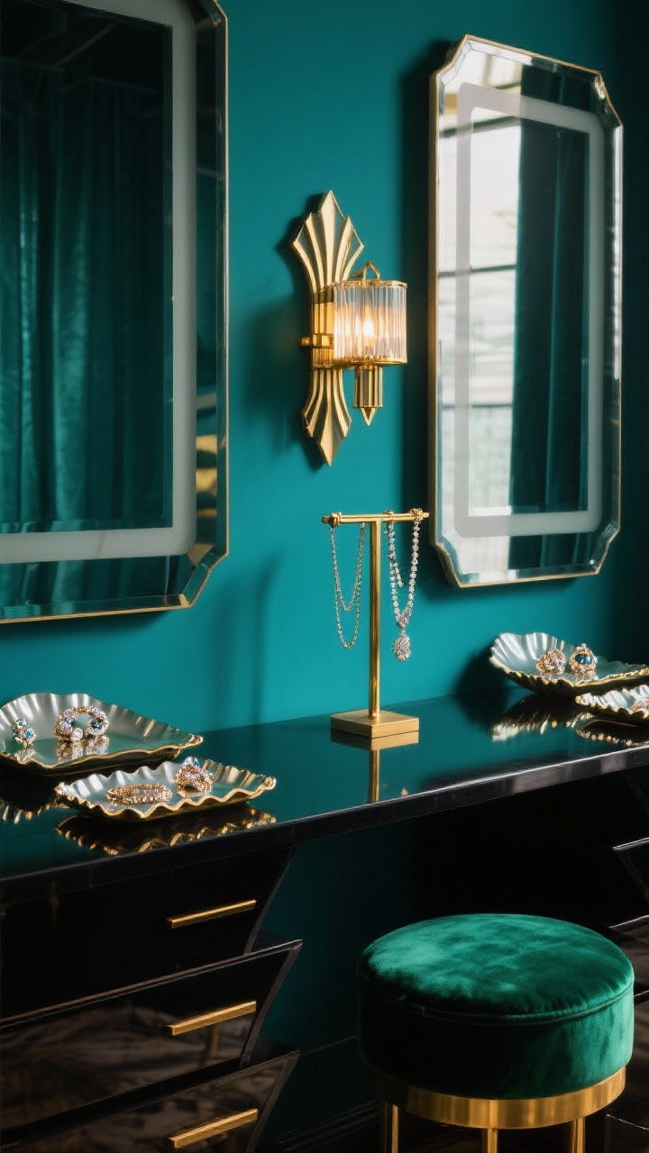 Photorealistic closeup/detail shot of an Art Deco vanity bar: inky teal wall backdrop with smoked mirror panels flanking a slim black vanity surface. Stepped mirrored trays with scalloped edges hold gleaming jewelry, catching reflections. A geometric brass T-stand drapes necklaces; a sculptural deco sconce casts glamorous highlights. A hint of emerald velvet stool edge in frame. Palette teal, emerald, brass, smoke; materials mirror, brass, velvet, lacquer; old-Hollywood elegance.