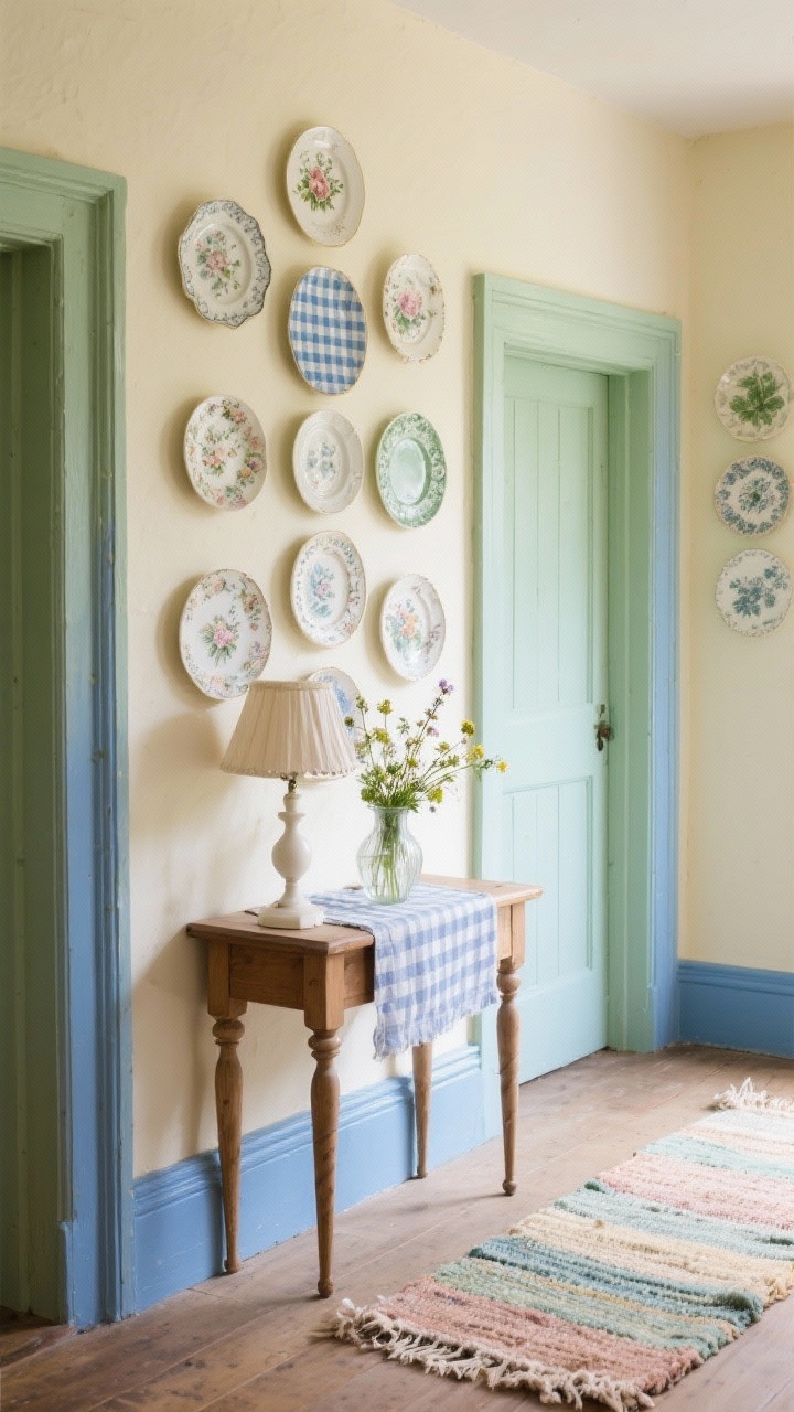 Photorealistic closeup/medium hybrid detail of a cottagecore plate wall: pale buttercream wall with baseboard and door trim color-dipped in cornflower blue or leafy green; vertical column arrangement of mismatched vintage plates (florals, checks, delicate edging) following the narrow proportion; spindle-leg painted-wood console beneath with a gingham runner; linen lampshade on a small lamp; milk-glass vase holding a small bouquet of wildflowers; narrow rag rug or hand-loomed runner in soft colors at the floor edge. Soft daylight with gentle highlights for whimsical, nostalgic charm.