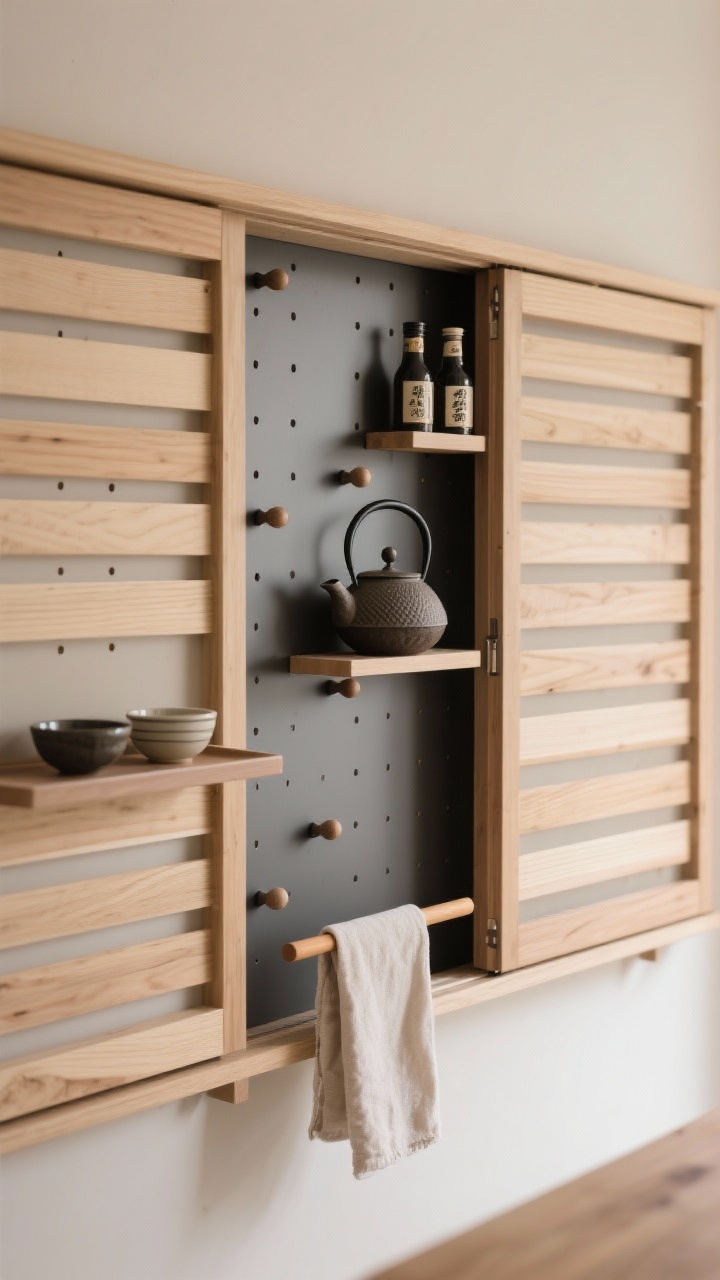 Photorealistic closeup/medium hybrid of a Japandi pegboard with sliding panels: light ash pegboard with two slatted sliding panels in matching ash, partially covering sections to conceal storage. Palette of ash wood, soft taupe, and matte charcoal. Charcoal pegs with rounded tips; slim tray shelves holding bowls and soy sauce bottles; open section showcasing a sculptural cast-iron teapot; linen towel looped on a wooden dowel. Soft diffused lighting, calm and balanced composition with visible wood grain and panel texture, straight-on view highlighting the sliding mechanism.