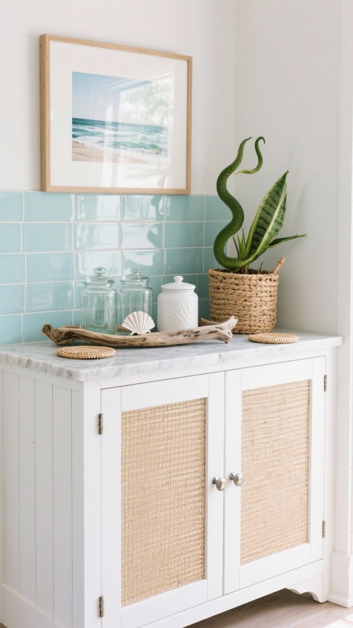 Photorealistic coastal calm coffee cove, medium shot: a white beadboard cabinet with rattan-front doors topped with sand-toned quartz. Above, pale blue subway tile backsplash adds breezy color. Styled with clear glass jars, woven coasters, and a shell-white ceramic canister set; a driftwood tray anchors the vignette. A framed coastal photograph hangs nearby. Brushed nickel hardware provides a soft sheen. A snake plant sits in a woven basket for fresh greenery. Palette of white, sand, sea glass green, and powder blue. Soft daylight with gentle reflections. Straight-on, relaxed composition.