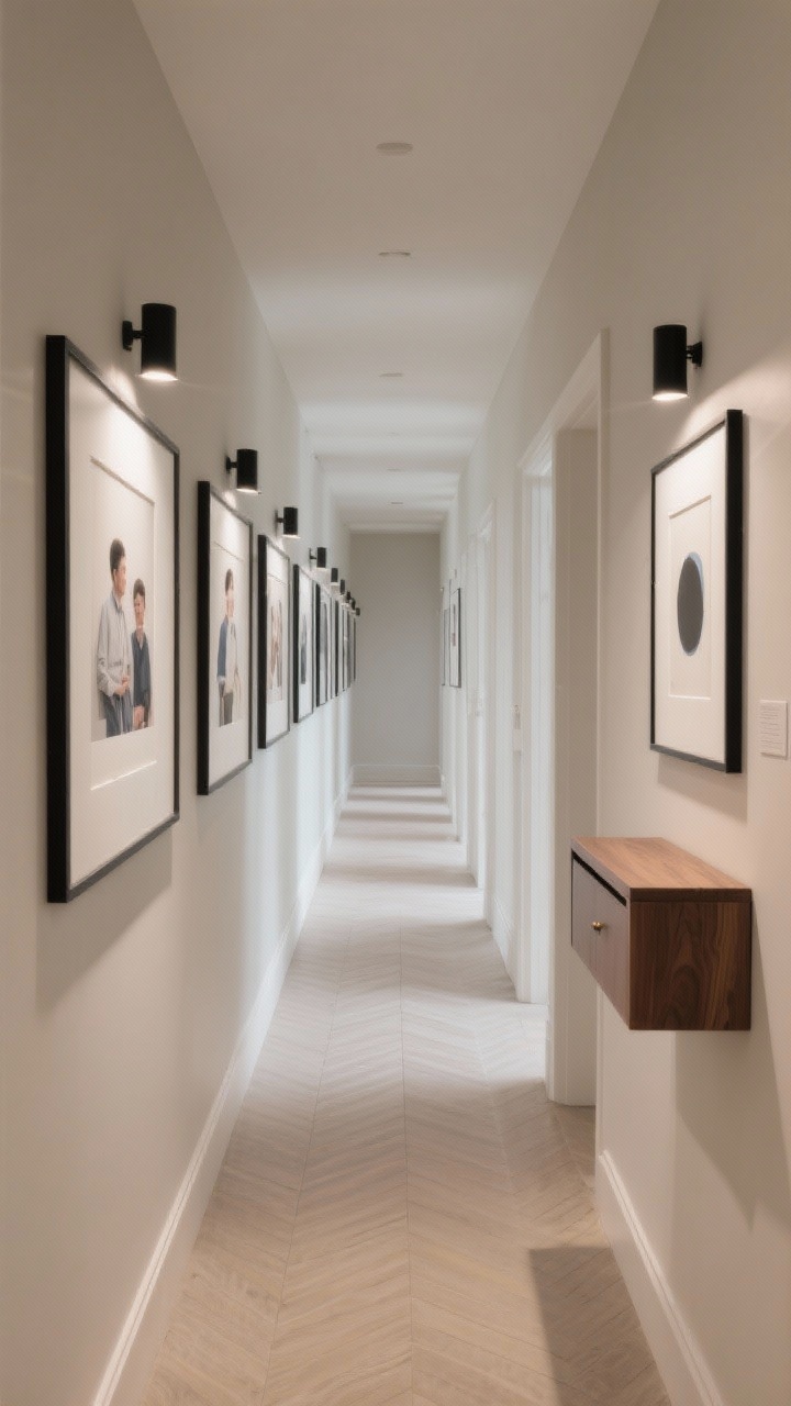 Photorealistic corridor, long straight-on perspective emphasizing a minimalist gallery: soft greige walls with a crisp linear run of black frames with white mats, mixing family photos and minimalist abstracts; every second or third frame topped by a matte black battery-powered picture light set to low brightness at 3000K; even spacing with bottom row at eye level for museum feel; narrow neutral herringbone runner; if space allows, a slim walnut-tone console and a small wall-mounted mail shelf; subtle layered glow turning the hallway into a destination, no people.
