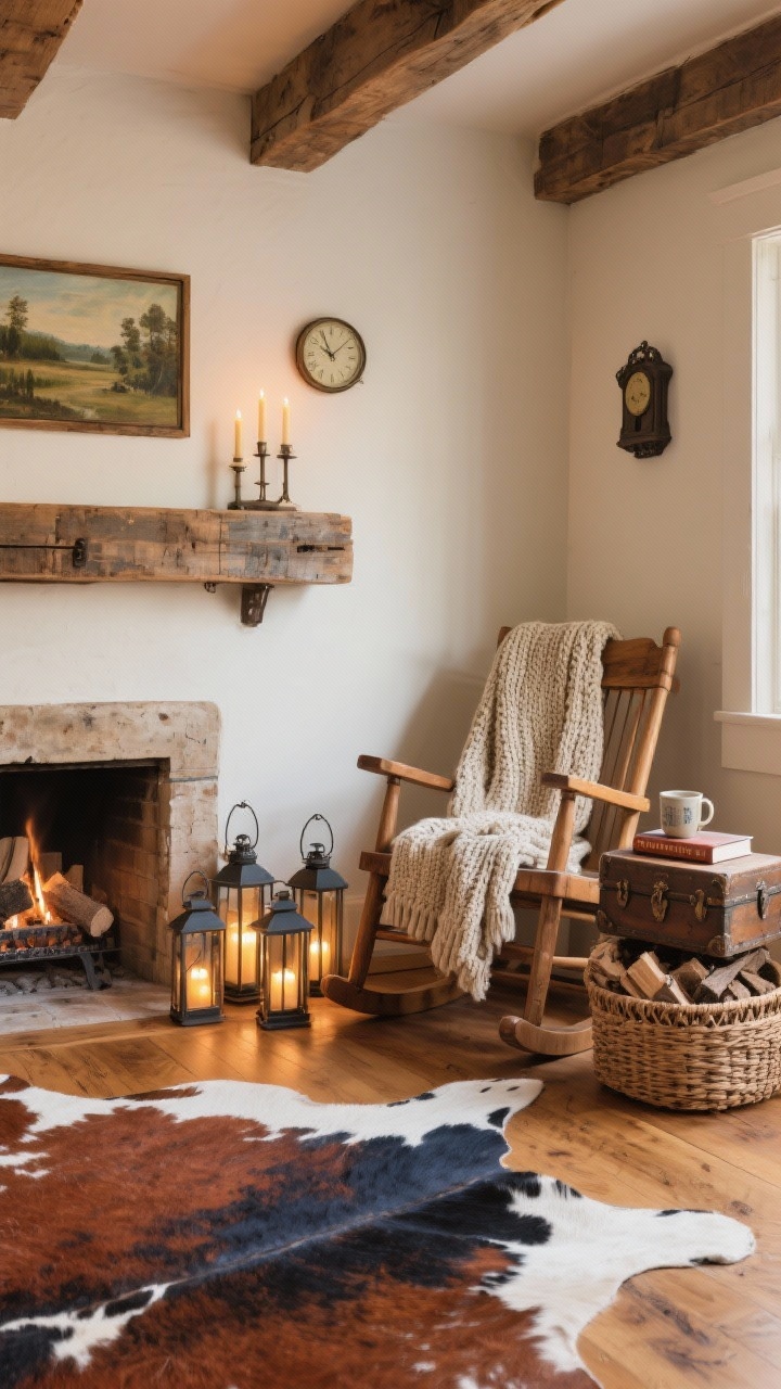 Photorealistic cozy medium corner shot: rustic reading hearth without a fireplace—warm oak rocking chair draped with a chunky knit throw; stacked trunk side table holding a mug and novel; salvaged wood mantel shelf mounted on the wall styled with taper candles, a small landscape painting, and a vintage clock; below, clustered lanterns with battery LEDs and a woven basket of firewood to suggest a hearth; faux cowhide rug laid on the diagonal; palette honey oak, cream, rust, inky navy; textures knit, weathered wood, iron, linen; warm, inviting lighting.