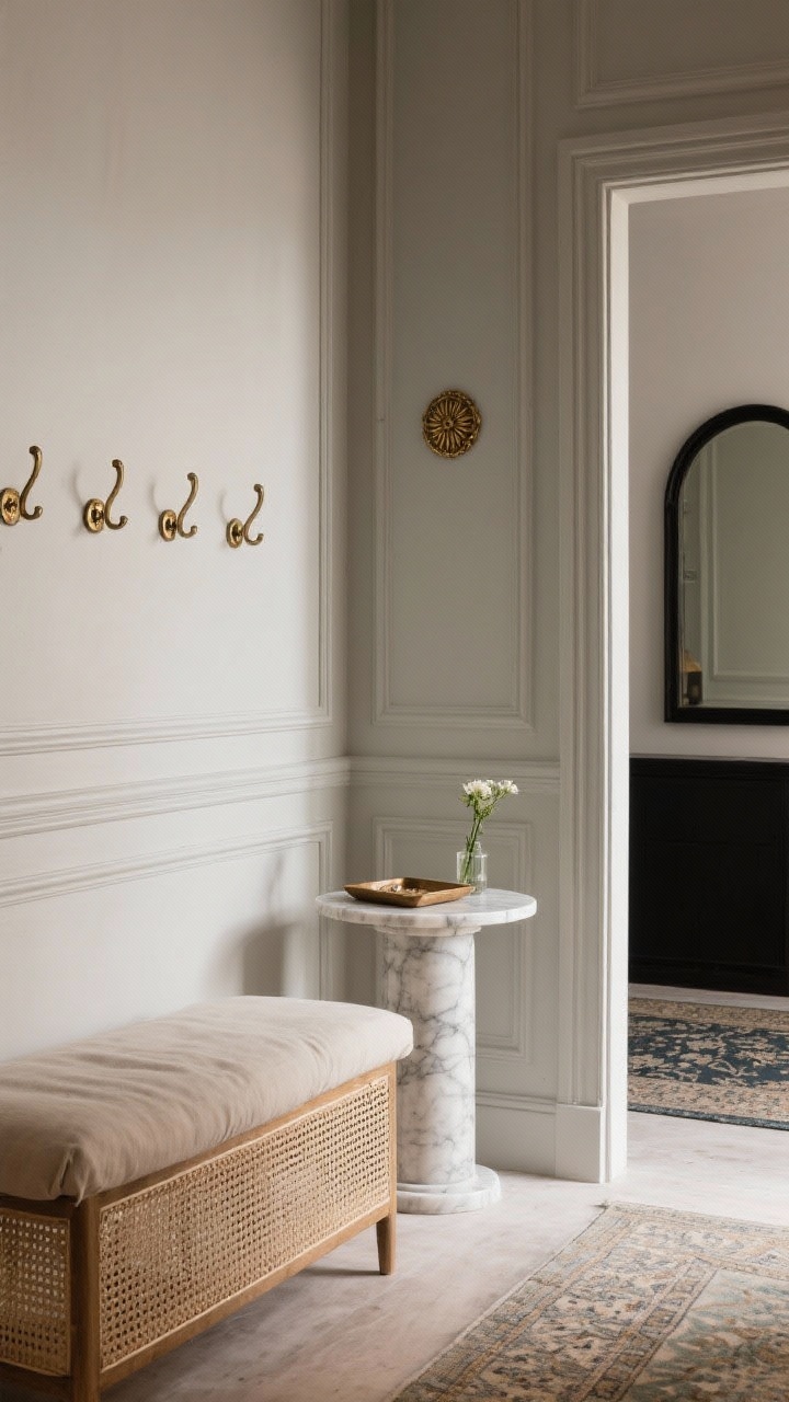 Photorealistic detail closeup, Parisian petite paneling: narrow wall panel moulding painted in soft mushroom or French gray with delicate shadows; antique brass rosette hooks catching light, part of a cane-front storage bench with neutral linen cushion; a small marble-topped pedestal holding a catchall tray and bud vase; blurred black-framed arched mirror and muted Persian-style runner in background; elegant, Left Bank foyer vibe