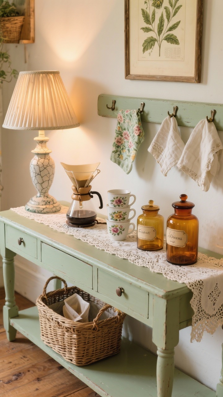 Photorealistic detail/closeup, slightly overhead: a cottage-core painted console table in dusty sage/buttercream topped with a lace runner; a small drip brewer, a tidy stack of floral mugs, and amber apothecary jars with handwritten labels; beneath, a wicker basket tucked for filters and cozy extras; above, the lower edge of a vintage botanical print and a peg rail with tea towels just in frame; a soft-glow lamp with a pleated shade casting warm evening light on crackle-glaze ceramics; palette of sage, cream, and honeyed wood; nostalgic, collected charm, no people.