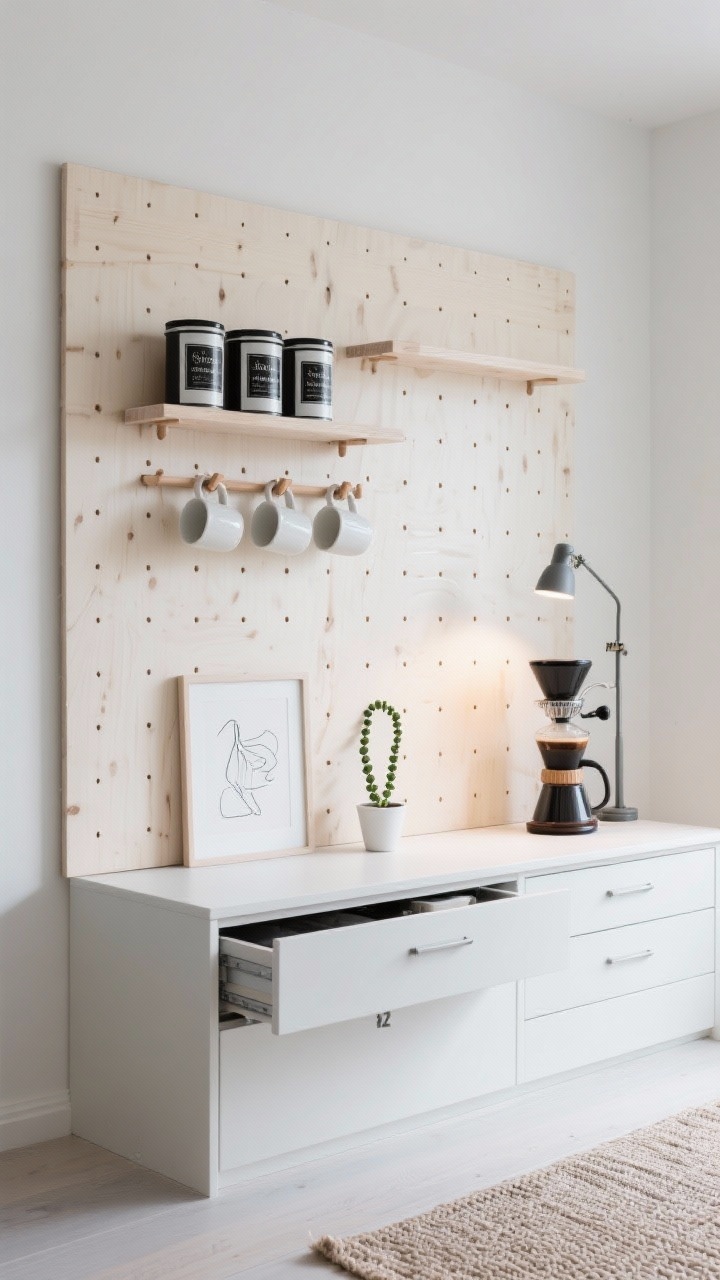 Photorealistic detail/closeup, straight-on: a Scandinavian birch pegboard wall with two shallow pegboard shelves holding a grinder and brewer; monochrome canisters aligned; mugs hanging from wooden pegs like small sculptures; below, the edge of a hidden 12-inch-deep drawer cabinet for storage; clip-on spotlight aimed at the brewer creating gentle highlights; soft woven runner visible at the bottom edge; palette of pale wood, white, and soft gray; a minimal line drawing print and a small potted string-of-pearls plant complete the calm, graphic scene, no people.