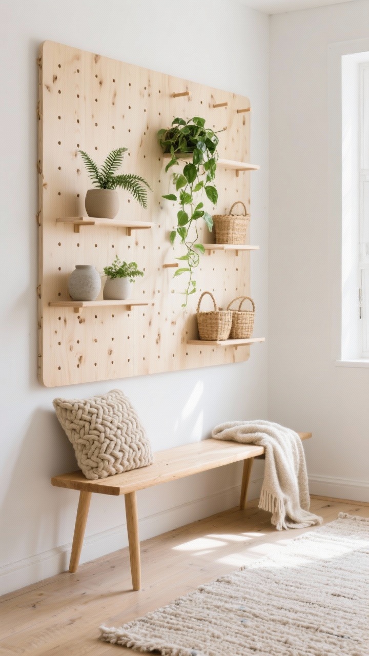Photorealistic detail-focused medium shot of an organic Scandi pegboard wall: custom birch or maple pegboard panel from floor to eye level on warm white walls; movable pegs and slim shelves displaying trailing pothos, a small fern, matte stoneware in oatmeal and chalk, and small baskets; a narrow bench with tapered legs in blonde wood, topped with a braided wool cushion; cozy throw draped casually; pale woven rug on the floor. Bright natural daylight for calm, airy mood, soft shadows highlighting wood grain and greenery.