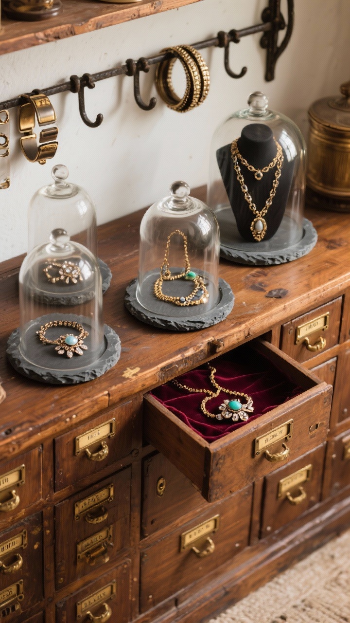 Photorealistic detail/overhead three-quarter shot of a rustic apothecary vignette: a vintage apothecary cabinet in warm walnut with dozens of tiny brass-labeled drawers. On top, jewelry arranged under glass cloches on slate coasters—statement necklaces, antique brooches, layered chains—staged like museum pieces. A wrought iron wall rack behind holds cuffs and bangles. Open drawer reveals velvet-lining for heirlooms. Palette warm walnut, ink, brass, oxblood; materials aged wood, glass, slate, velvet; old-world curiosity shop mood.