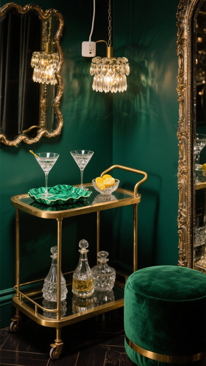 Photorealistic detail shot from a slightly low angle: vintage glam martini corner highlighting a brass-and-glass bar cart styled with cut-crystal coupes, a jade malachite tray, vintage decanters, and a tiny bowl of citrus; flanked by a floor-length antiqued mirror multiplying sparkle; a scalloped emerald velvet stool nearby; overhead, a plug-in mini chandelier casting glimmering light; palette emerald, brass, smoke glass, black; textures velvet, crystal, antiqued mirror, metal; evening glam mood.