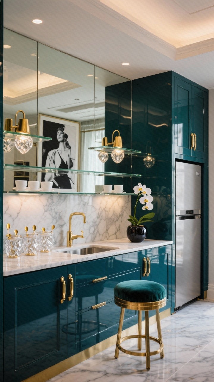 Photorealistic glam hotel-lobby espresso bar, wide shot: high-gloss lacquer cabinet in deep emerald or midnight blue with a thick veined marble countertop. Mirrored backsplash reflects light and space. Above, floating glass shelves illuminated by a pair of petite brass picture lights. Styled with faceted glass canisters, gold teaspoons, and pristine white cups; paneled doors conceal a mini fridge. A velvet stool sits in front for sip-in-place luxury. Polished brass pulls with a chunky profile. Black-and-white fashion print adds drama. An orchid in a glossy ceramic pot completes the scene. Sophisticated, luminous lighting, straight-on view.