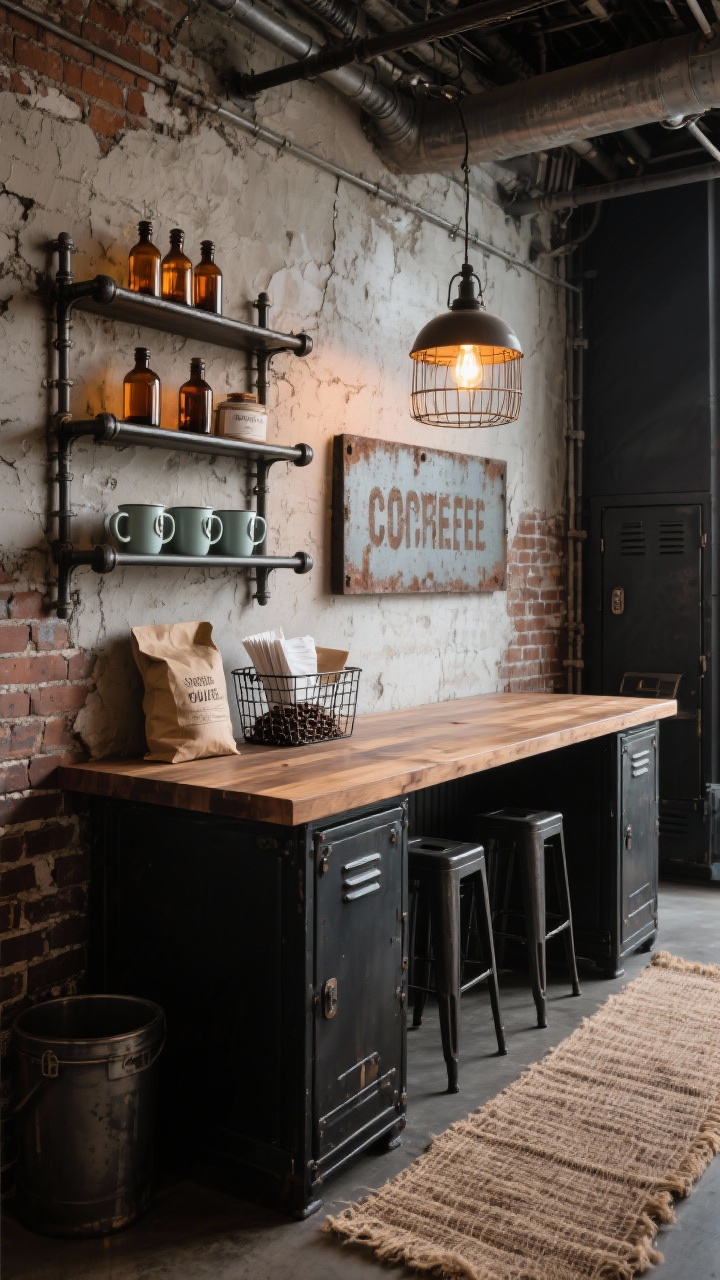 Photorealistic industrial loft coffee bar, medium-wide: a black metal-and-wood workbench topped with butcher block, backed by a faux brick or textured plaster wall with steel pipe shelving grid. Styled with enamel mugs, amber apothecary bottles for syrups, a battered metal sign, a vintage locker bin for bags of beans, and a wire basket with filters and napkins. Caged pendant with an Edison bulb casts warm industrial light. Color story of tobacco, rust, charcoal, and deep espresso, with a jute runner on the floor to soften the edges. Slightly gritty, urban mood with angled perspective.