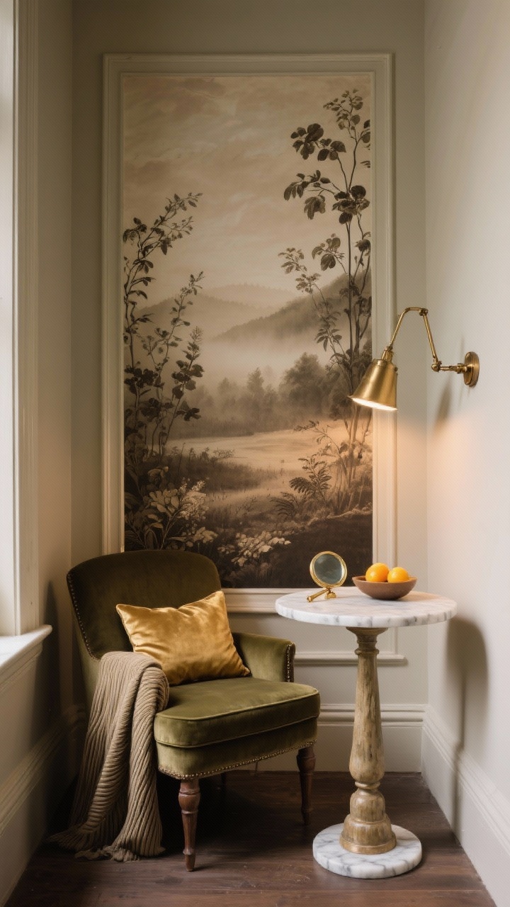 Photorealistic intimate reading nook, straight-on medium shot: narrow paste-on wall mural panel featuring a misty landscape or sepia botanicals, framed with slim molding painted to match the wall; petite marble-topped pedestal table and a single upholstered slipper chair; swivel arm sconce in antique brass angled to wash the mural in warm light; palette of deep olive, cocoa, bone, burnished gold; velvet pillow on the chair, ribbed throw over the arm; small bowl of citrus or a brass magnifying glass on the pedestal table. Moody, romantic lighting emphasizing texture and depth.