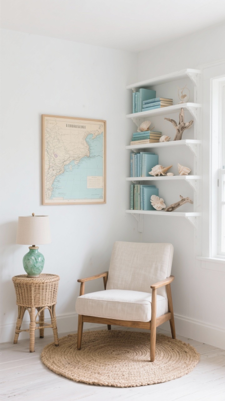 Photorealistic medium corner shot: a coastal book nook with a slim armless accent chair in soft oatmeal linen on a round woven jute rug snugly hugging the corner, a chalky white ladder bookshelf behind stacked with pale blue hardcovers, seashells, and a small driftwood sculpture; a petite rattan side table holds a ceramic lamp in sea-glass glaze; a framed vintage coastal map hung low elongates the wall; palette of sand, white, pale blue, and sea-glass green; textures of linen, jute, rattan, and weathered wood; soft daylight, airy seaside mood, straight-on corner angle.
